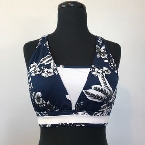 Sam Edelman Blue and White Colorblock Triangle Tropical Sports Bra, L
